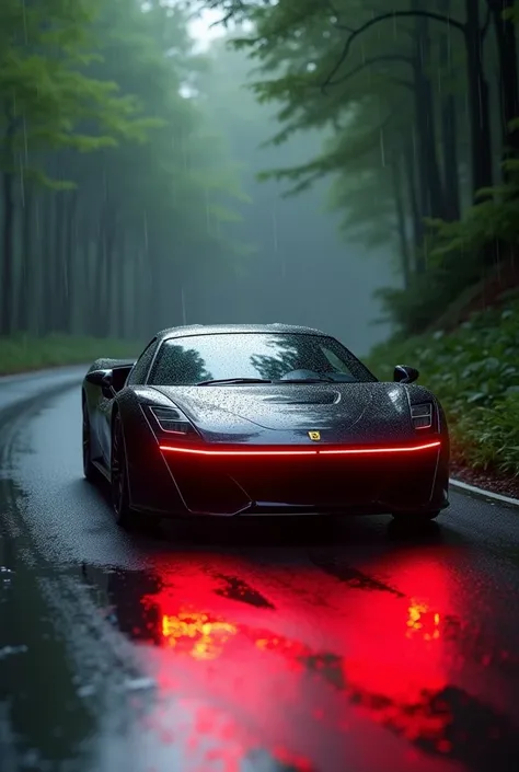 Black car with front red light in rain on green trees road
