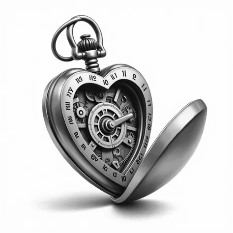 a heart shaped pocket watch, leaning to one side, turned on its side. seen from the side, seen from a lateral position, heart shaped metal clock, In its center there is a circle through which part of the internal mechanisms of the clock can be seen.. clock...