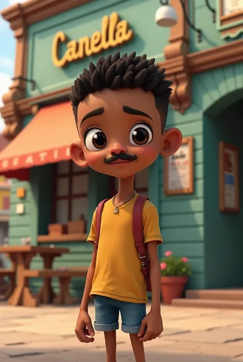 thin, dark-skinned boy, with very short hair, with a moustache and a small goatee, next to a cafe called Canella, in the style of Disney cartoon