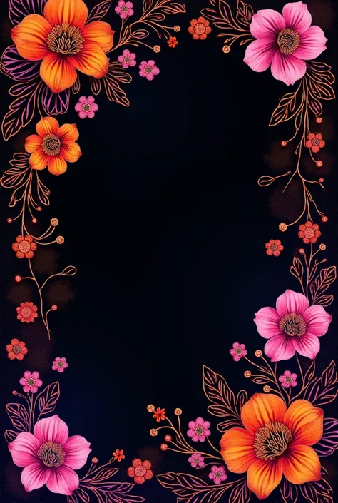 Black background with oriental henna designs in neon style. Orange blossoms around