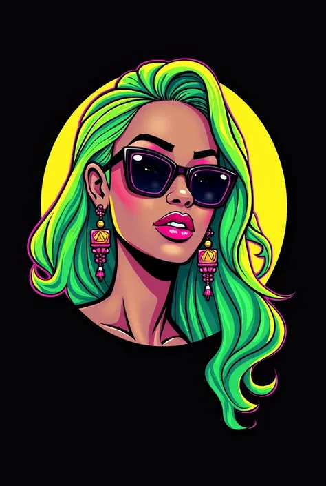 Woman head only,Hip hop stil,cartoon,empty black Background ,colored outline, sunglasses,Long neon Green hair,earrings,all into a round bubble