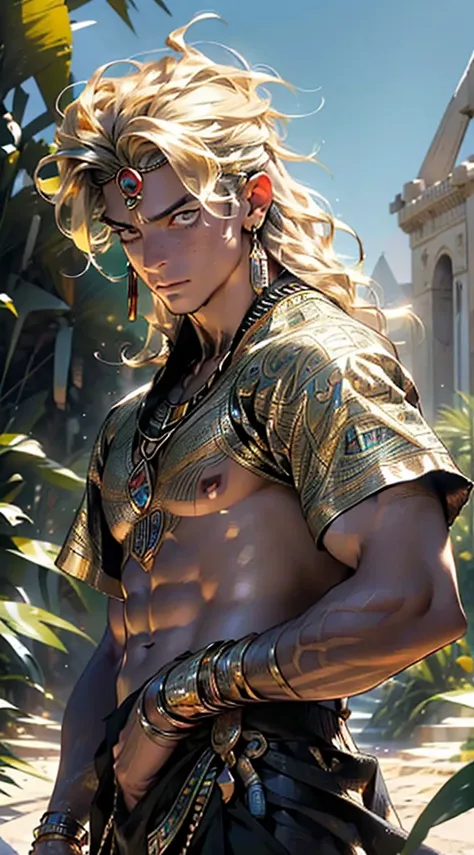 (Masterpiece, best quality), detailed, 1 man, ((character concept art)), ((character design sheet, same character, front, side, back)), full body, body complete, Detailed face, blonde long hair (man:1.5),1 man,male,1boy,male focus,dark-skinned man, blonde ...