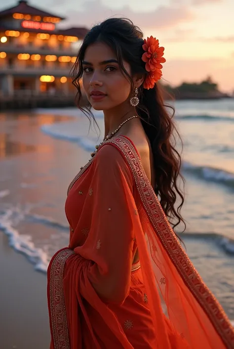 A cute Indian girl and saree  
Lipstick and background hotel neon lights
Standing on beach 
