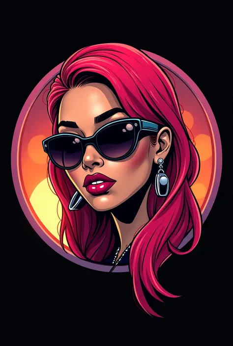 Woman head only,Hip hop stil,cartoon,empty black Background ,colored outline, sunglasses,Long neon Red hair,earrings,all into a round bubble