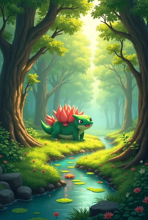 **Description:** A hidden, sunlit glade deep within a forest, home to a variety of grass-type Pokémon. Towering trees surround the area, their leaves filtering sunlight to create dappled shadows. In the center, a majestic Venusaur rests while smaller Pokém...