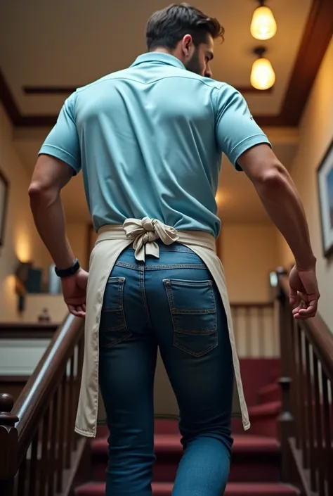 male waiter in apron and light blue shirt with big juicy ass in tight blue jeans climbs stairs