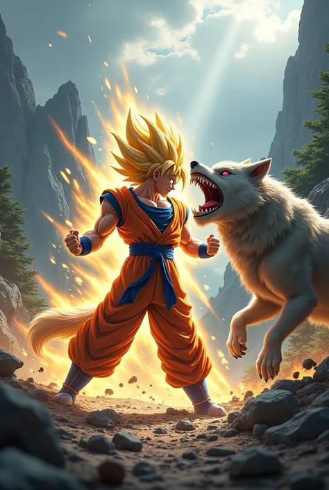 Goku affronte un loup et goku gagne