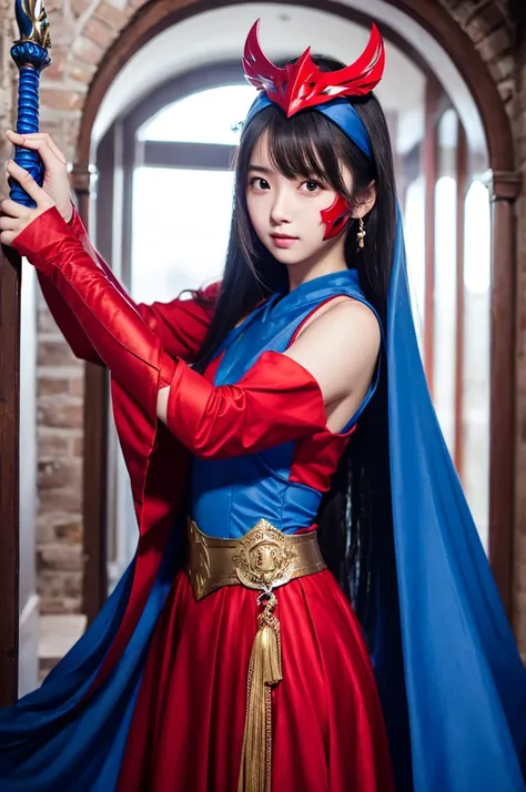 Beautiful girl swordsman in red mask and blue costume