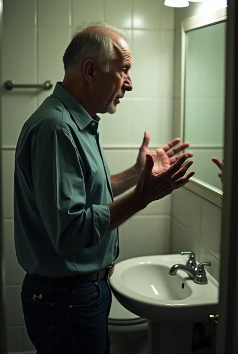 Man in profile shaking his hands over his bathroom sink 