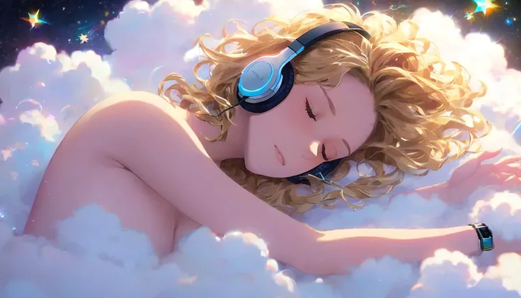 (masterpiece, best quality), nude woman, beautiful face, wavy hair, headphones, sparkling colorful stardust,   sleeping on a fluffy cloud as she floats through outer space. Dynamic angle, dynamic lighting. Fullbody shot.