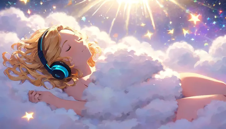 (masterpiece, best quality), nude woman, beautiful face, wavy hair, headphones, sparkling colorful stardust,   sleeping on a fluffy cloud as she floats through outer space. Dynamic angle, dynamic lighting. Fullbody shot.