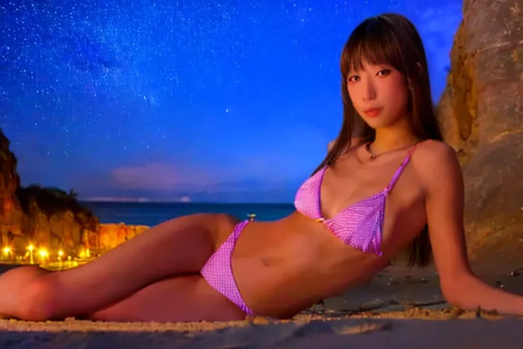 cute yuna, glowing bikini, beach at night, ufo in the starry sky
