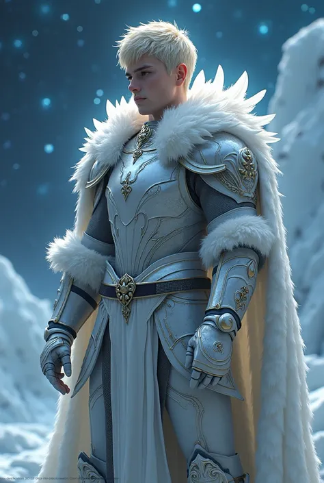 A young warrior in shining white bronze armor with Swan feathers, with dark white details and a swan carved on the chest, inspired by a medieval-futuristic style. Behind him, the night sky is full of stars and a huge constellation Cygnus shines brightly. T...