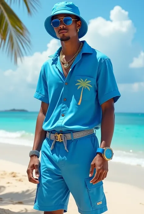 Beachwear hiphop style, blue, a man, wrist buoy, hiphop accessories, bucket hat. 