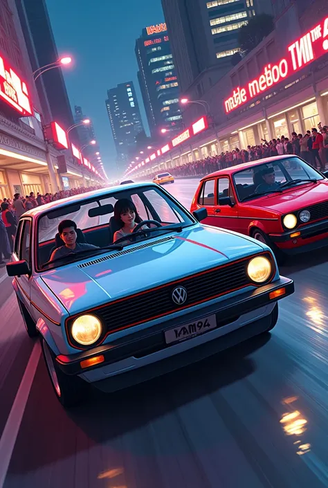 Create an image representing &#39;automaniacs&#39;, with a dynamic classic car scene (square goal, parati, GOLF...) from the 1980s to 1984 in a vibrant urban environment, running side by side both showing their passion for cars. Ao fundo, a city skyline wi...