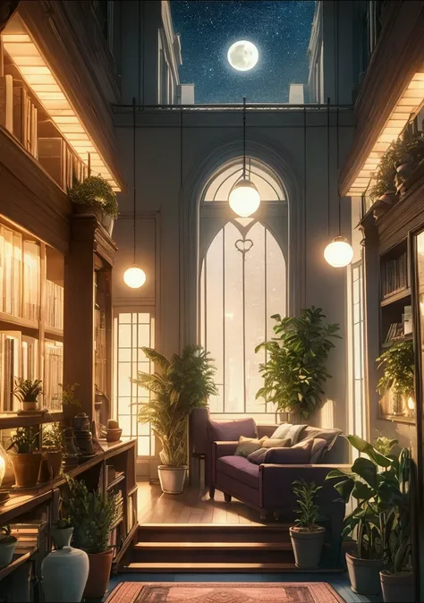 Indoor room setting, cozy atmosphere, large window view, cityscape at night with a full moon and stars, soft pink and purple hues, warm lighting with soft shadows, lush green potted plants, orange rug, bookshelves filled with books and plants, standing lam...