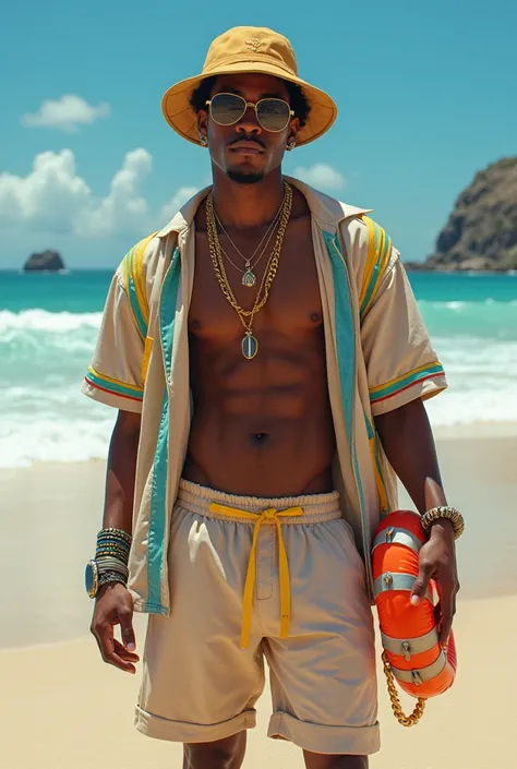 Beachwear hiphop style, a man, wrist buoy, hiphop accessories, bucket hat. 