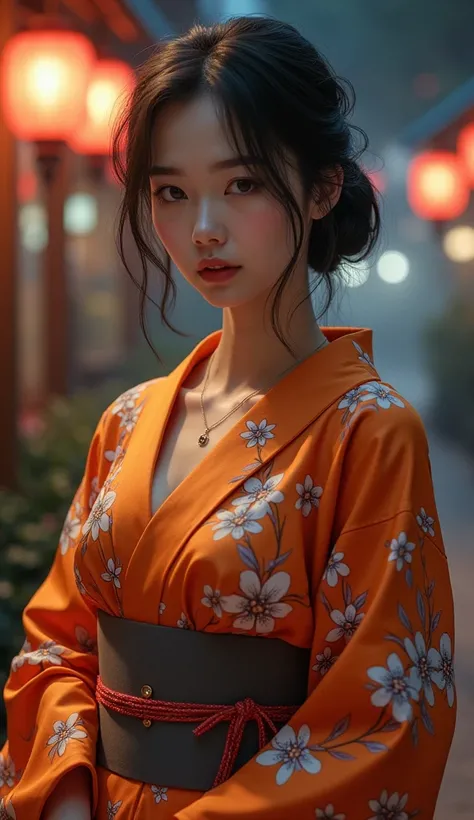 Japan、Japanの夜、Late Night、kimono、オレンジ系花柄のkimono、silk、A diligent smile、From the waist up、Beautiful smile、Ample breasts、Overflowing Chest、Big Tits、V-line chest、Realistic、Hina Kojima