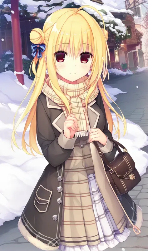 1girl,hiyori-default,hiyori-default,red eyes,blonde hair, double bun,ahoge, long hair, White turtleneck knit, (knit:1.3), beige plaid midi skirt, brown short boots, short duffel coat, large pearl earrings, plaid scarf, small handbag, smiling, standing, out...