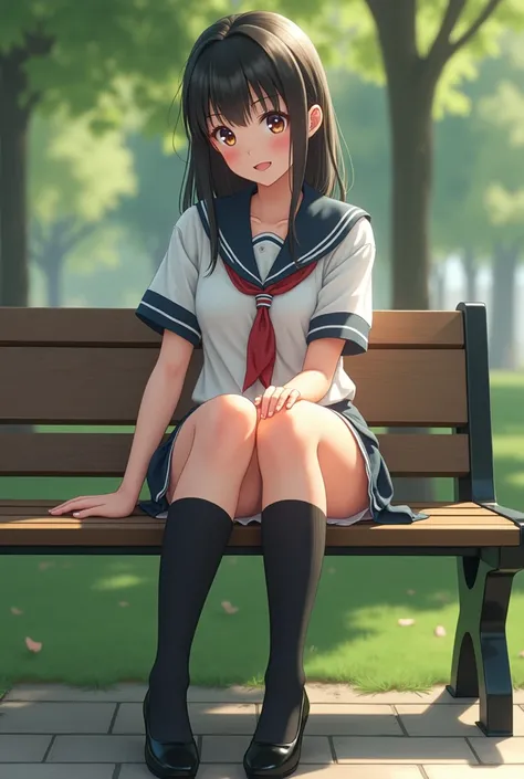 (Photorealism:1.2), Japanese women&#39;Thick legs, １Famous high school girl in white uniform 39;Office worker business uniform、With a smile、Laughter and chat、She is sitting in a chair in the park、Legs slightly apart。Ultra-realistic thick black socks that r...