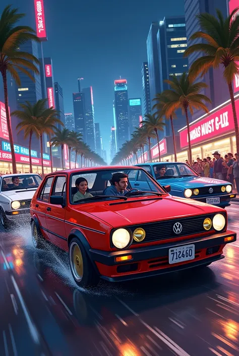 Create an image representing &#39;automaniacs&#39;, with a dynamic scene of several classic cars (square goal, parati, GOLF...) from the 1980s to 1984 in a vibrant urban environment, running side by side both showing their passion for cars. Ao fundo, a cit...