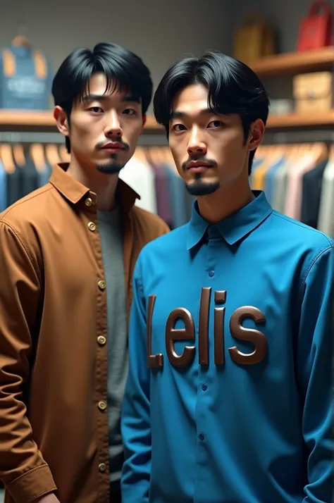 PICTURE REALISTIC, 8 K, 2 man, offwhite, with a goatee, short black straight hair, Oval face, wearing a blouse with the name LELIS, written in large letters, name written in high relief, blusa azul, with a background in a clothing store, focus on the blous...