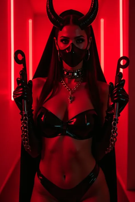 Demon Nun, with a studded choker and a hoop around her neck, sexy dressed in latex lingerie with a latex mask covering her face, posing for a photo, Red neon lights, Red background, dark synth aesthetic, fetish fashion aesthetics, perfect body, Monja is se...