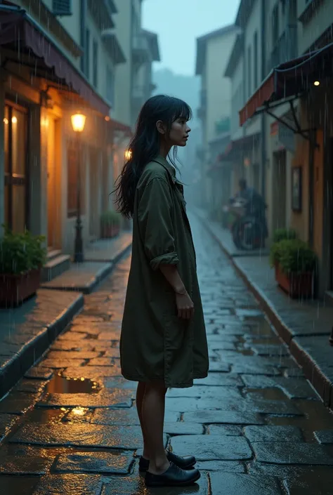 “A narrow, quiet street on a rainy evening, with dim streetlights reflecting off wet cobblestones. Zoya, a young woman with damp hair, stands calmly in the rain, her eyes glancing towards the distance, waiting. The rain falls gently around her, creating ri...