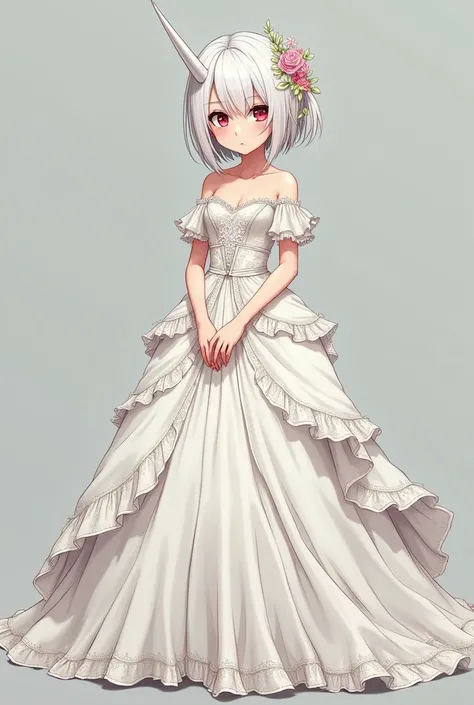 Eri from the anime My Hero Academia wearing a wedding dress, her face is like a  girl, Big round eyes, red pupil. Her hair is white and she has a sharp horn on the right side of her forehead.