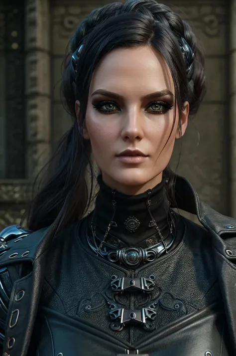 1 European streampunk woman, pretty face, ultra detailed face and eyes, hyperrealistic, realistic representation, 30 years old, she is wearing black streampunk clothing