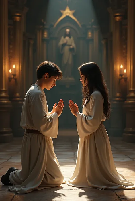 create a realistic image of a young man and woman saints facing away from each other praying on their knees