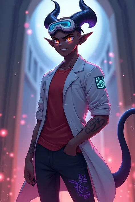 Anime style: A young man with dark chocolate brown skin and a mostly shaved head. He has heterochromia, with one eye blazing orange and the other void purple. He is wearing a delicate white lab coat over a red t-shirt and black jeans. Resting on his forehe...