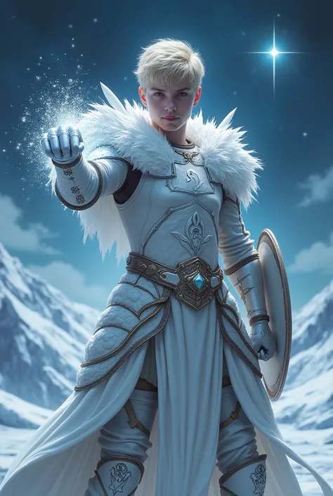 A young warrior in shining white bronze armor with Swan feathers, with dark white details and a swan carved on the chest, inspired by a medieval-futuristic style. Behind him, the night sky is full of stars and a huge constellation Cygnus shines brightly. T...