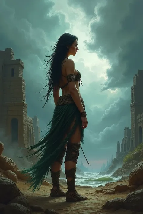 ((Tribal maiden)) amidst the remnants of an ancient civilization, facing a turbulent storm, swirling clouds, dynamic composition, painterly details, fantasy realism, captivating and dark ambiance."