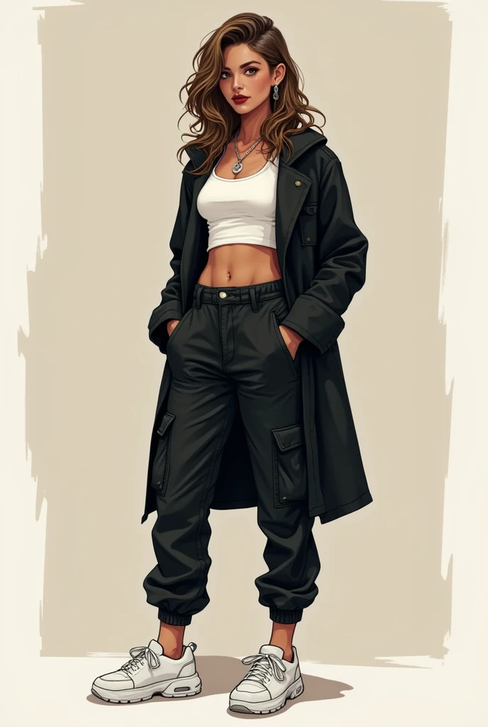 Make an average height 1,65. lightbrown eyes, wavy red hair, brown skin color. badass clothing: Um cropped branco, a black overcoat with the sleeves rolled up, black cargo pants, and a white sneaker. A little dark circles, I use a not very strong red lipst...