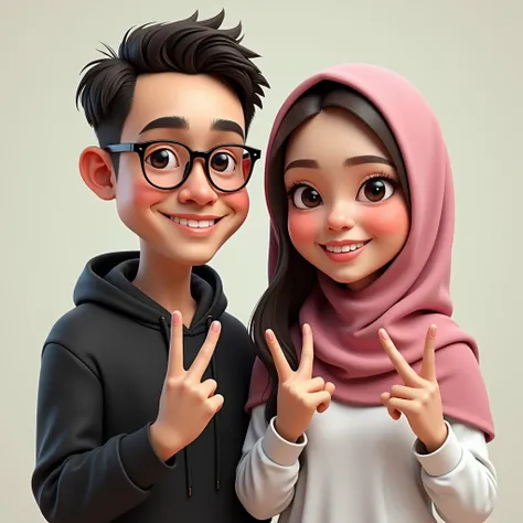 realistic 3D caricature, oil 3D caricature, man from Indonesia, 2, wearing glasses, short straight hair, thin cheeks, wearing a black hoodie, and a woman wearing a hijab from Indonesia, wearing a pink hijab, long white t-shirt, smiling, with 3 finger pose