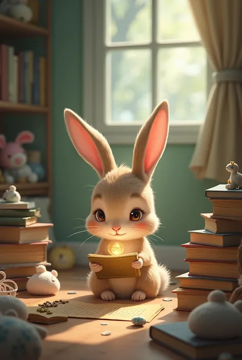 Little rabbit Lily lies in the room，Focusing on the mushroom tablet，There are books and toys scattered around.，Showing her ignorance of reality。