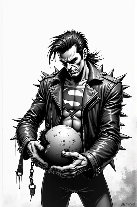 make a black and white comic of a skinny mullet punk wearing a leather jacket with lots of spikes. he was full of anger while holding the head of a superman