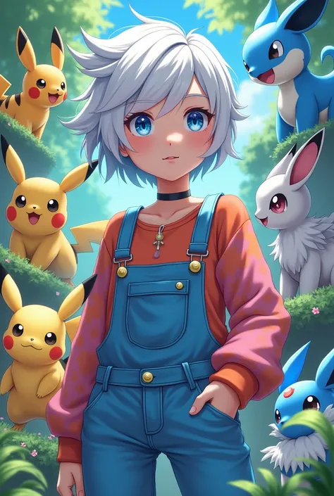 Short platinum white hair woman… with bright blue eyes and bright blue hair streaks… fun hairstyle. Surrounded by real Pokémon like pikachu, lugia, totodile, feraligator, eevee, vaporeon, types… I want to wear really cool overalls and a sweater kawaii aest...