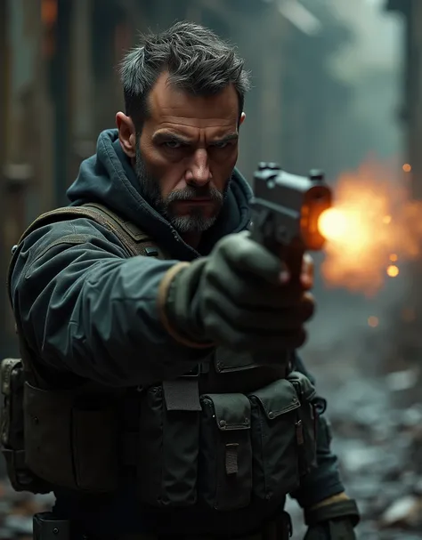 mercenary using a beretta 92 pistol, sharp focus