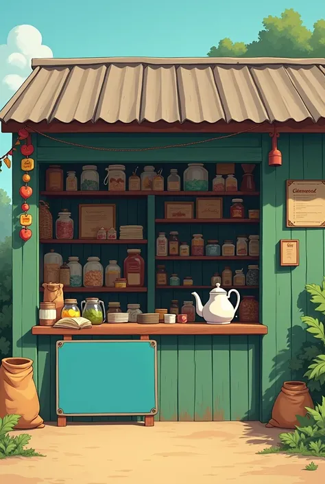 A small, simple shop with a tin roof and an open front, showcasing a traditional rural or small-town setup. The shop has green walls and shelves that hold various items, such as jars, folded papers, and packets. A blue counter with a white kettle is at the...