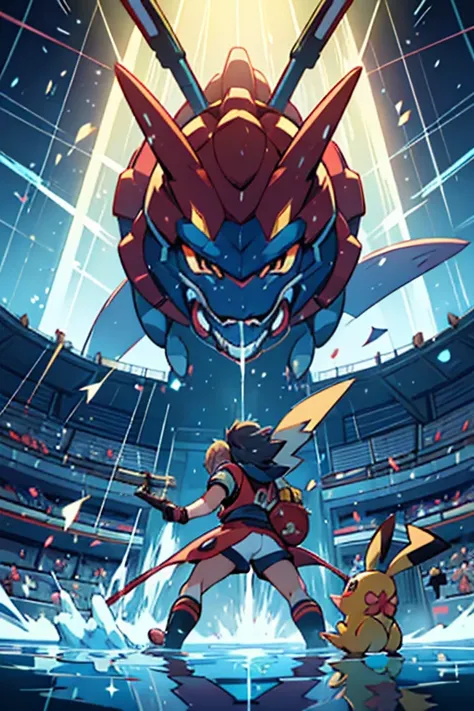 **Description:** An intense battle scene inside a high-tech Pokémon Gym. The Gym Leader, with a determined expression, stands at one end of the arena, commanding a powerful Gyarados. Facing them is a young challenger with their partner Pikachu, electricity...