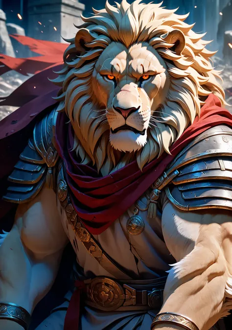 Create a high-quality, full-body image of a 50-year-old male commander with a lion-like appearance, inspired by the anime style. The character has a round, plump face with orange eyes and visible scars. He is an endomorphic, handsome figure, showing signs ...