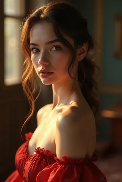 a beautiful detailed girl, 1 girl, off-the-shoulder dress, cinematic lighting, best quality, masterpiece, ultra high resolution, (Realism:1.4), original photograph, vivid colors, highly detailed, photorealistic