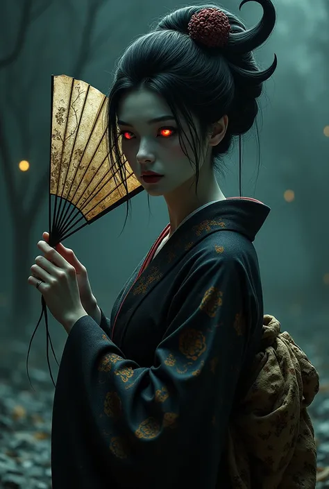  demonic geisha on side with fan covering mouth