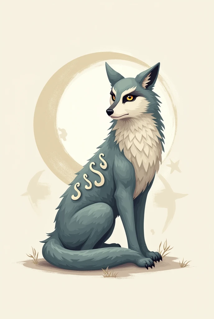 create an illustration of an animal with the head of a wolf, the body of an owl, and the tail of a snake. make it in detail, aesthetic, calm pose, make it seem as if you are calm, create like a logo, logo style, and there is SSS writing on the back 