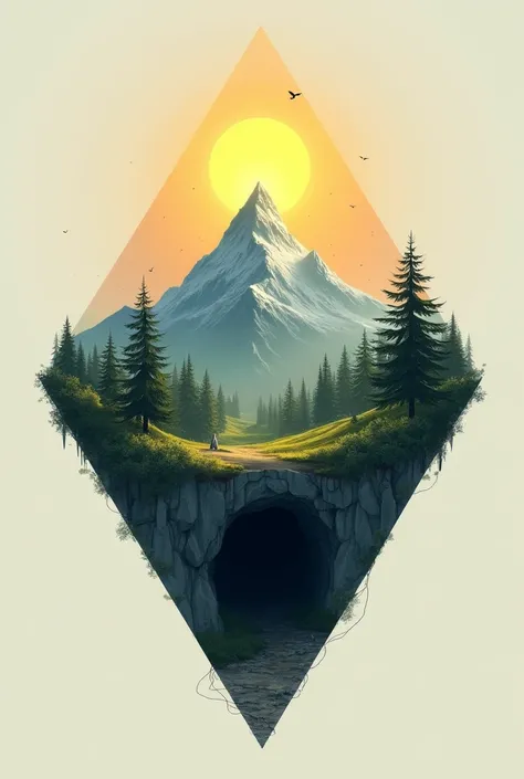 A rhombus that in the center has a mountain, a sun and a cave