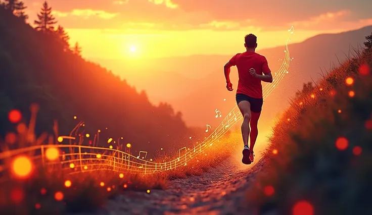 A viral social media image: vibrant sunrise over a scenic running trail, athlete in motion with wireless earbuds, music notes flowing around them, creating an energized, uplifting atmosphere. No text. Must include a music element.
