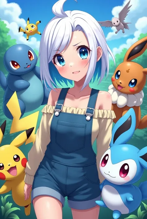 Mid length platinum white hair woman… with bright blue eyes and bright blue hair streaks… fun hairstyle. Surrounded by real Pokémon like pikachu, lugia, totodile, feraligator, eevee, vaporeon, types… I want to wear really cool overalls and a sweater kawaii...