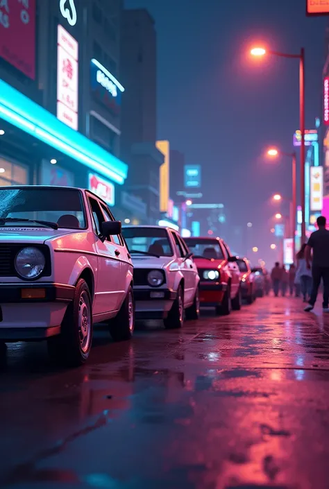 Create an image representing &#39;automaniacs&#39;, with a dynamic scene of several classic cars (white bx goal, parati, GOLF...) from the 1980s to 1994 side by side in a vibrant urban environment, running side by side both showing their passion for cars. ...